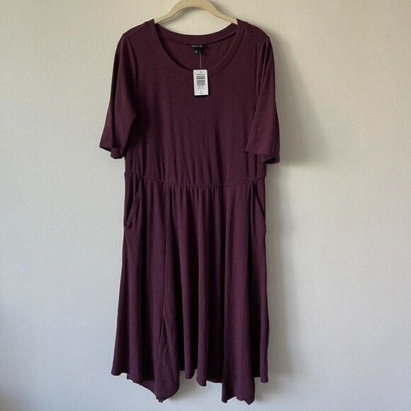 BURGUNDY PURPLE RIB HANDKERCHIEF SKATER DRESS - Picture 4 of 9